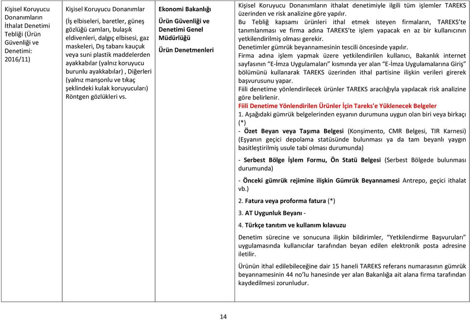 Ekonomi Bakanlığı Ürün Denetimi Genel Müdürlüğü Ürün Denetmenleri Kişisel Koruyucu Donanımların ithalat denetimiyle ilgili tüm işlemler TAREKS üzerinden ve risk analizine göre yapılır.