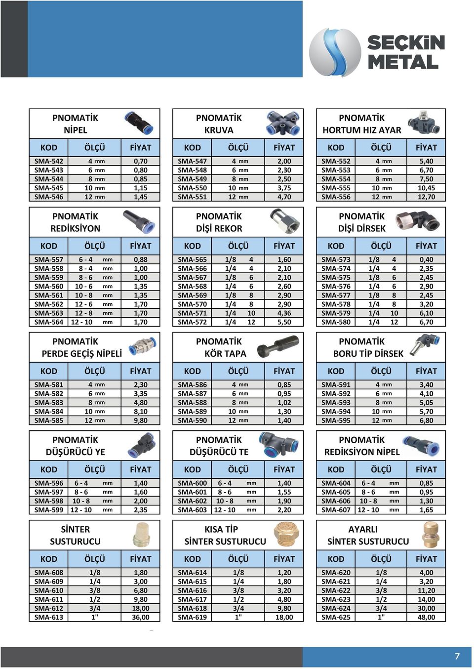 12 mm 4,70 HORTUM HIZ AYAR SMA- 552 4 mm 5,40 SMA- 553 6 mm 6,70 SMA- 554 8 mm 7,50 SMA- 555 10 mm 10,45 SMA- 556 12 mm 12,70 REDİKSİYON SMA- 557 6-4 mm 0,88 SMA- 558 8-4 mm 1,00 SMA- 559 8-6 mm 1,00