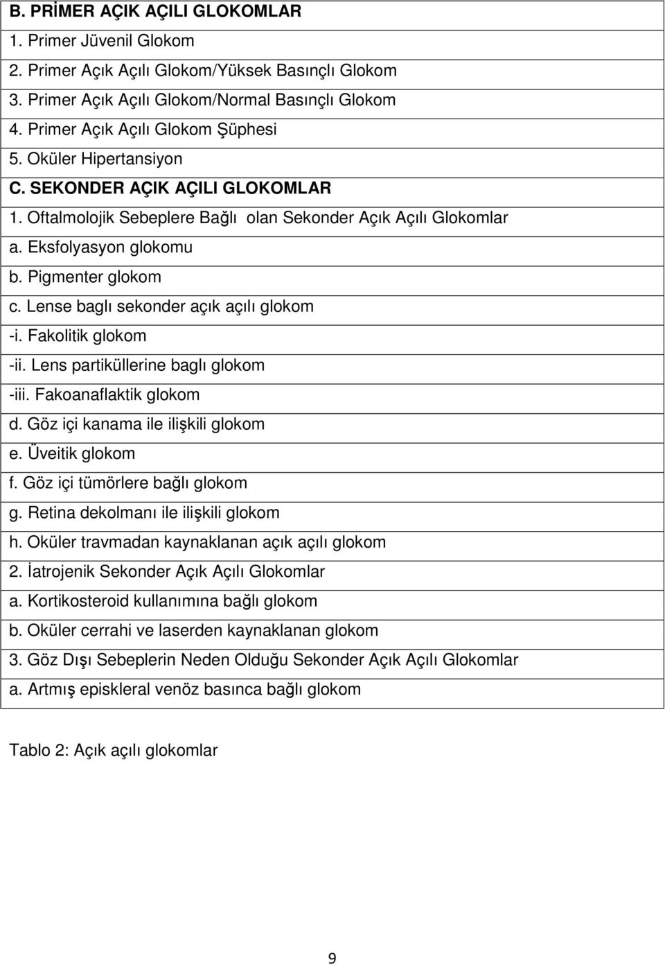 Lense baglı sekonder açık açılı glokom -i. Fakolitik glokom -ii. Lens partiküllerine baglı glokom -iii. Fakoanaflaktik glokom d. Göz içi kanama ile ilişkili glokom e. Üveitik glokom f.