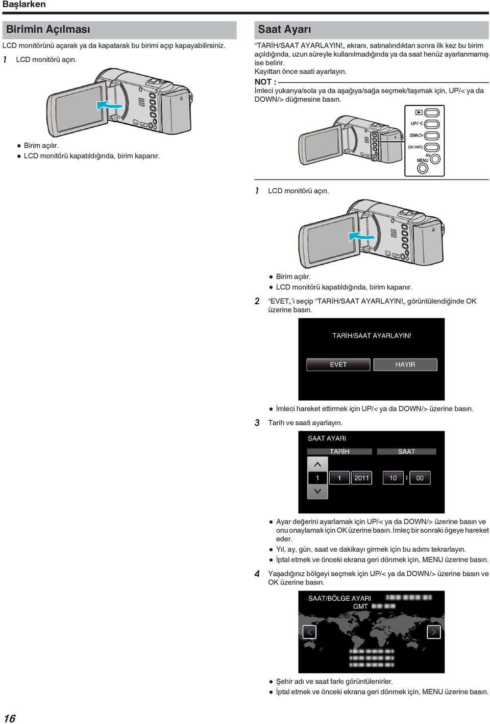 açılır 0 LCD monitörü kapatıldığında, birim kapanır 1 LCD monitörü açın 0 Birim açılır 0 LCD monitörü kapatıldığında, birim kapanır 2 EVET i seçip TARİH/SAAT AYARLAYIN!