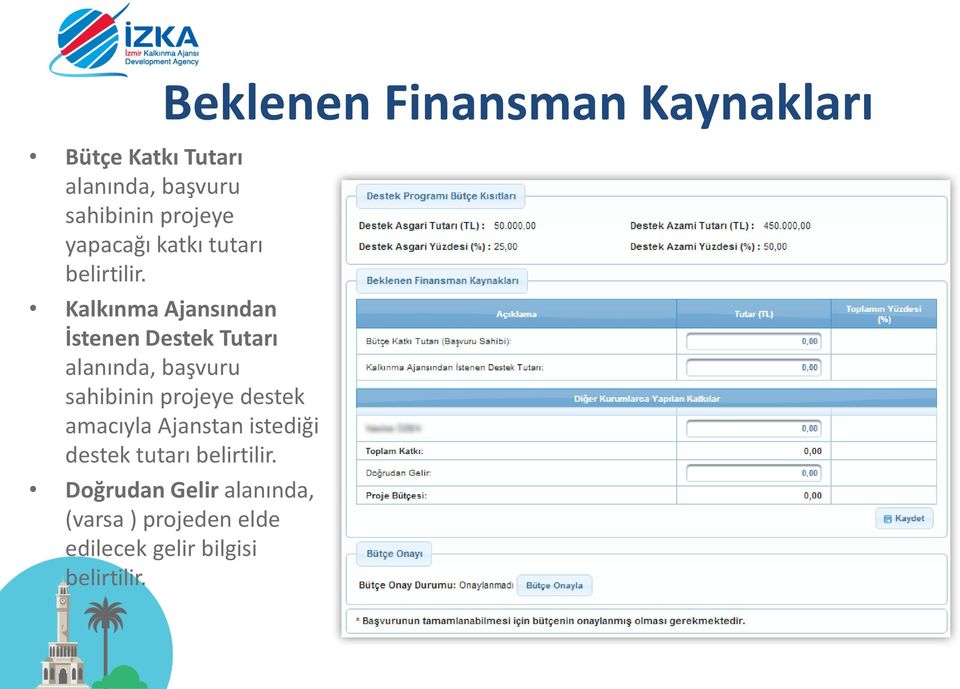 Beklenen Finansman Kaynakları Kalkınma Ajansından İstenen Destek Tutarı alanında,