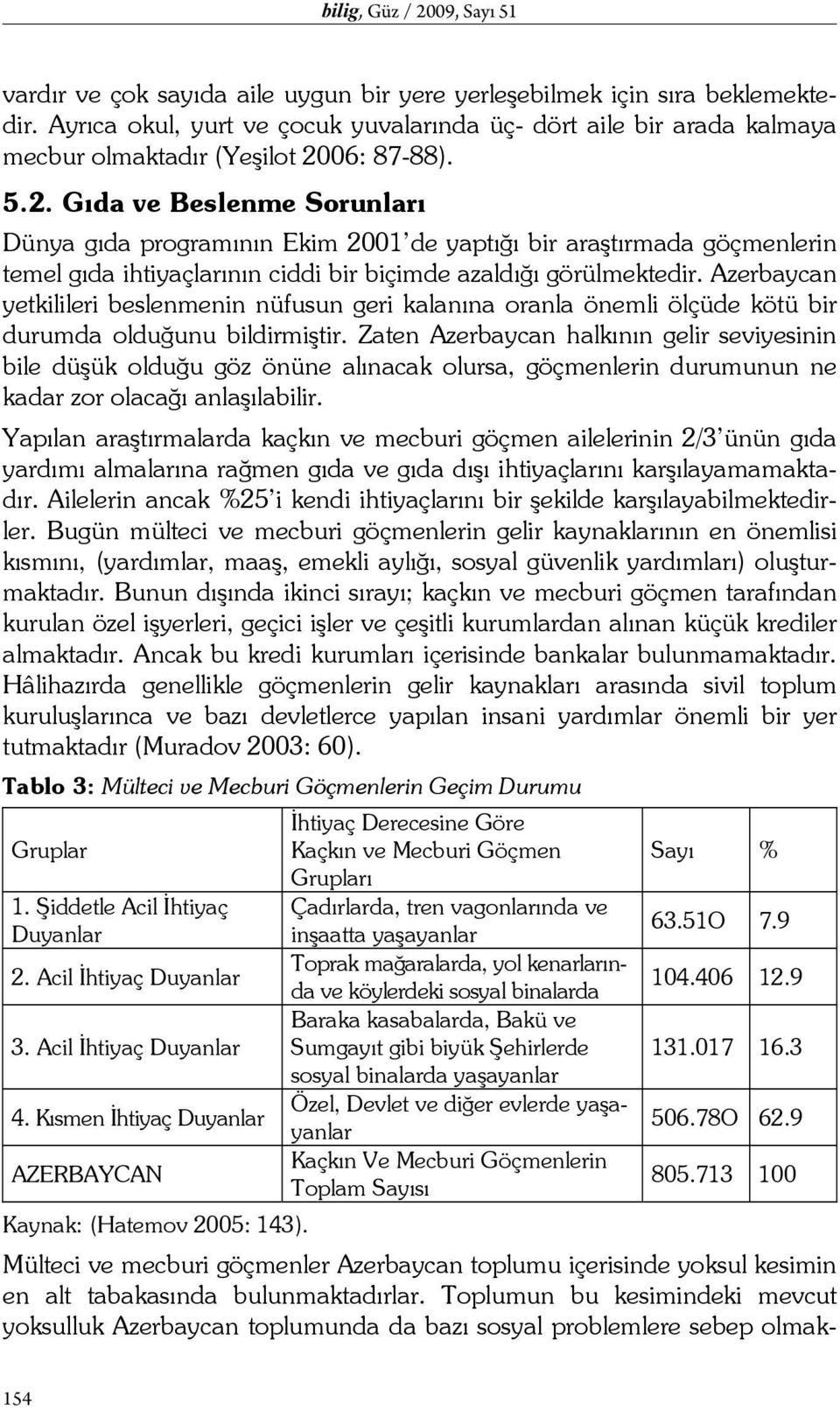 06: 87-88). 5.2. Gıda ve Beslenme Sorunları Dünya gıda programının Ekim 2001 de yaptığı bir araştırmada göçmenlerin temel gıda ihtiyaçlarının ciddi bir biçimde azaldığı görülmektedir.