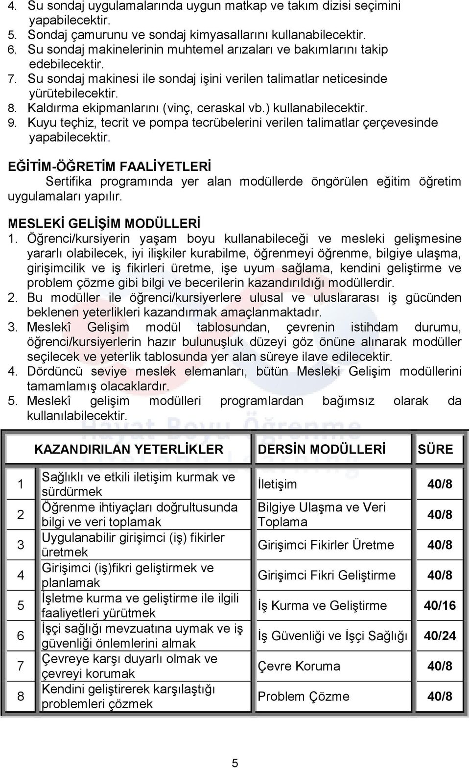 Kaldırma ekipmanlarını (vinç, ceraskal vb.) kullanabilecektir. 9. Kuyu teçhiz, tecrit ve pompa tecrübelerini verilen talimatlar çerçevesinde yapabilecektir.