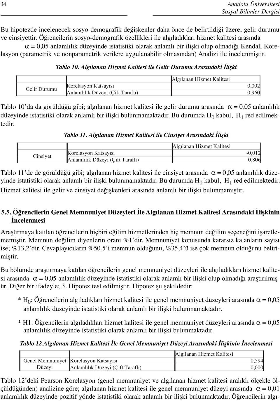 ve nonparametrik verilere uygulanabilir olmasından) Analizi ile incelenmiştir. Tablo 10.