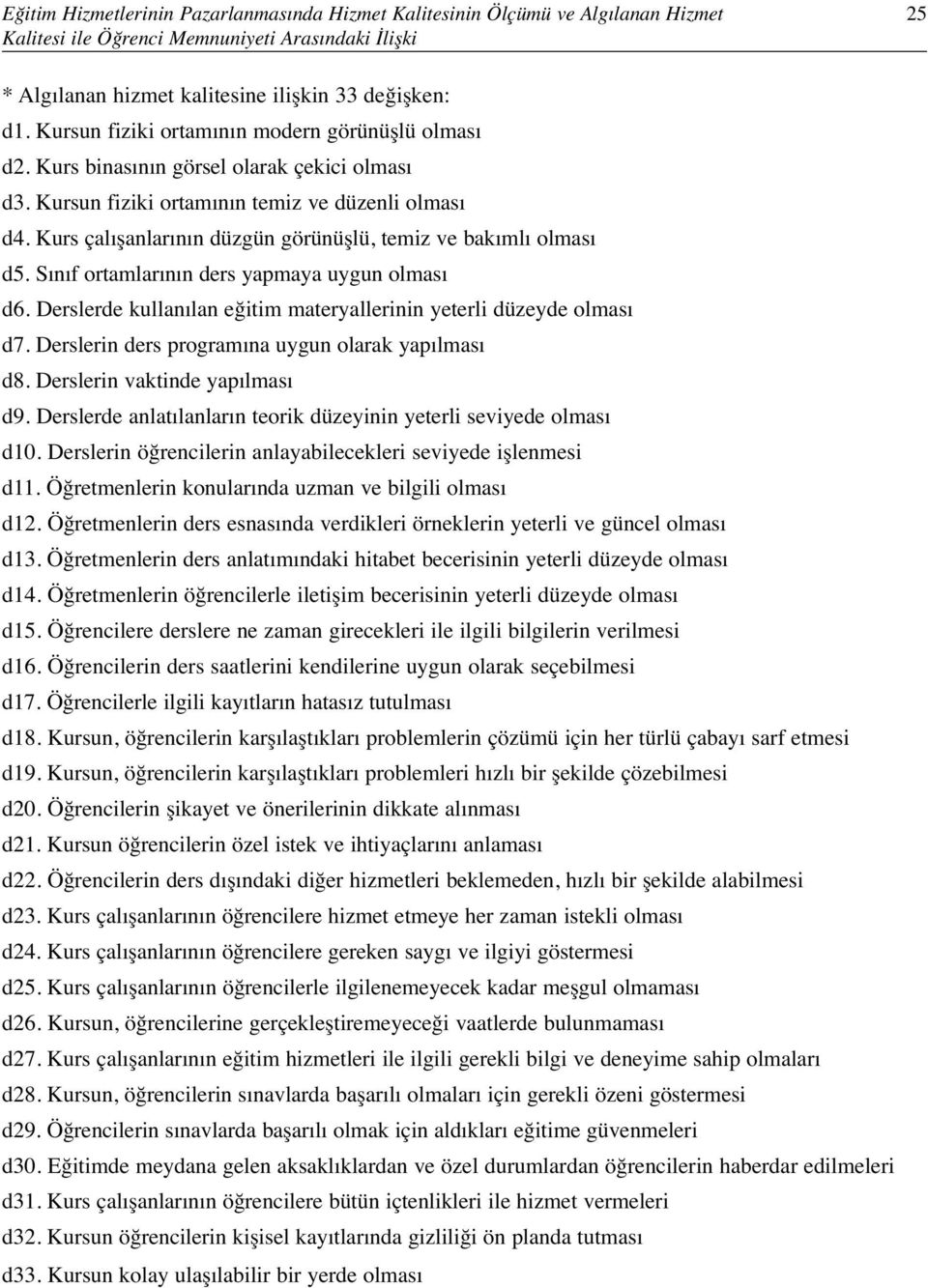 Kurs çalışanlarının düzgün görünüşlü, temiz ve bakımlı olması d5. Sınıf ortamlarının ders yapmaya uygun olması d6. Derslerde kullanılan eğitim materyallerinin yeterli düzeyde olması d7.