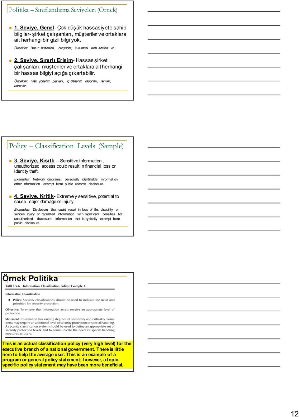 Örekler: Risk yöetim plaları, iç deetim raporları, isimler, adresler. Policy Classificatio Levels (Sample) 3.