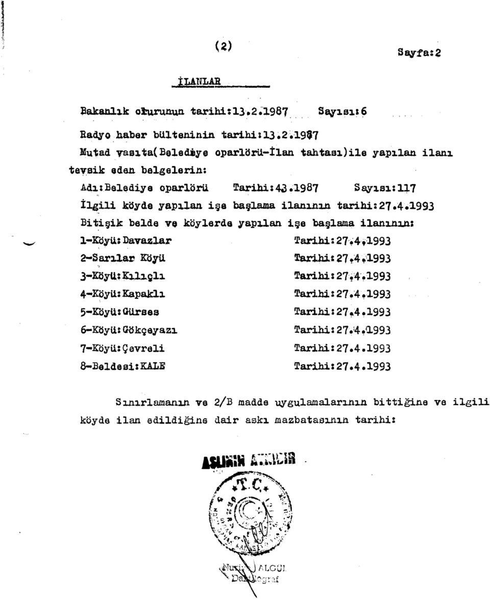 4,1993 2-Sarıla» Köyü Tarihi: 27*4,1993 3-Köytt: Kılıçlı Tarihi: 27,4.1993 4-Köyii: Kapaklı Tarihi: 27.4.1993 5-KöyU: CKirses Tarihi: 27.4.1993 6-Köyliî Gökçeyazı Tarihi: 27.4.1993 7-Köyii: Çevreli Tarihi: 27.