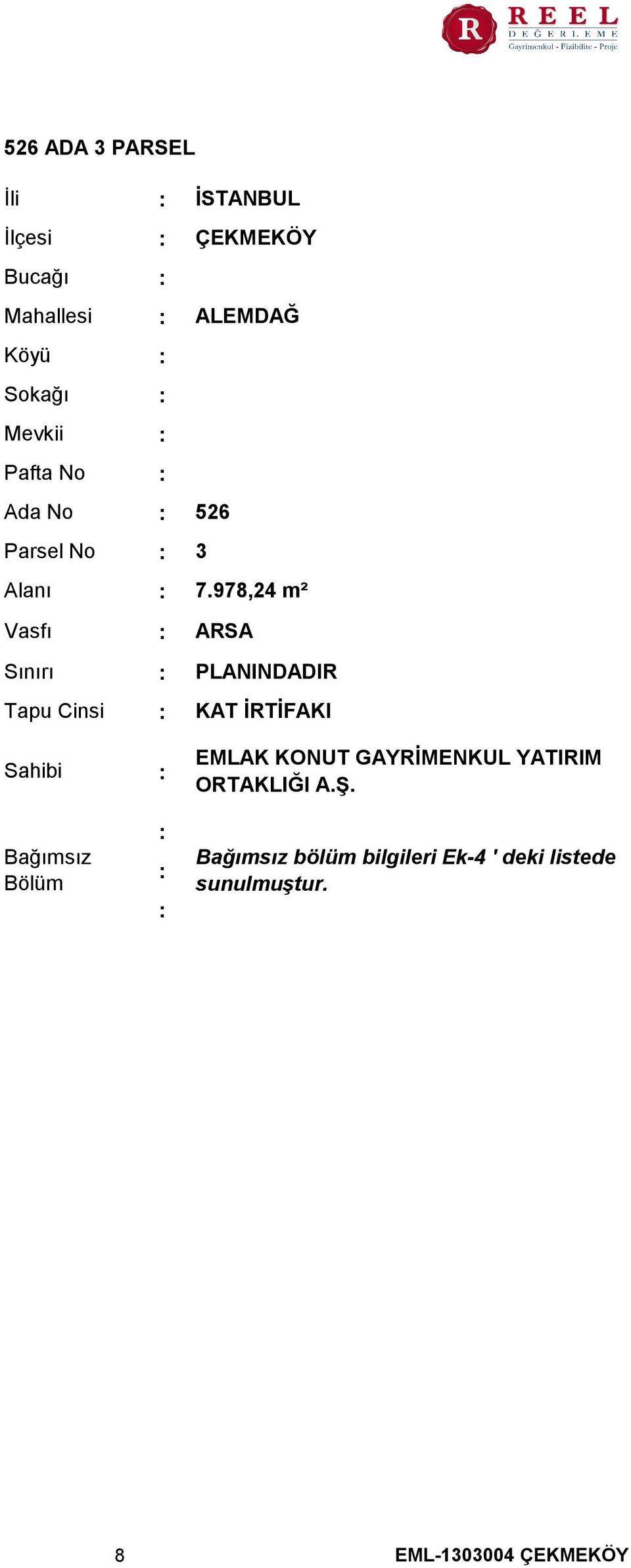 978,24 m² ARSA PLANINDADIR KAT İRTİFAKI Sahibi Bağımsız Bölüm EMLAK KONUT GAYRİMENKUL