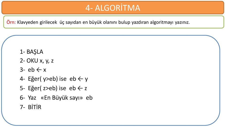 1- BAŞLA 2- OKU x, y, z 3- eb x 4- Eğer( y>eb) ise