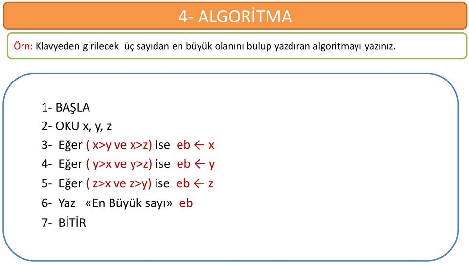 1- BAŞLA 2- OKU x, y, z 3- Eğer ( x>y ve x>z) ise eb x 4-