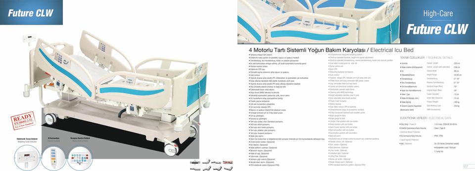 İki adet korkuluklara entegre edilmiş, çift taraflı kullanılabilir kumanda paneli. Hemşire kontrol ünitesi. Elektronik CPR tuşu.