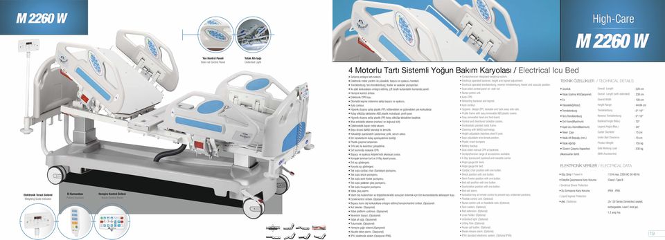 İki adet korkuluklara entegre edilmiş, çift taraflı kullanılabilir kumanda paneli. Hemşire kontrol ünitesi. Elektronik CPR tuşu.