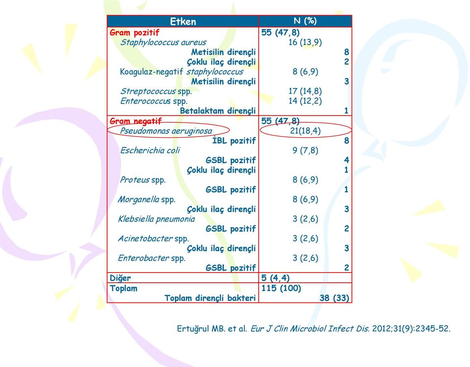 Çoklu ilaç dirençli Klebsiella pneumonia GSBL pozitif Acinetobacter spp. Çoklu ilaç dirençli Enterobacter spp.