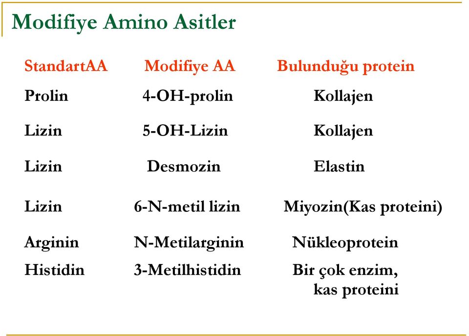 Elastin Lizin 6-N-metil lizin Miyozin(Kas proteini) Arginin