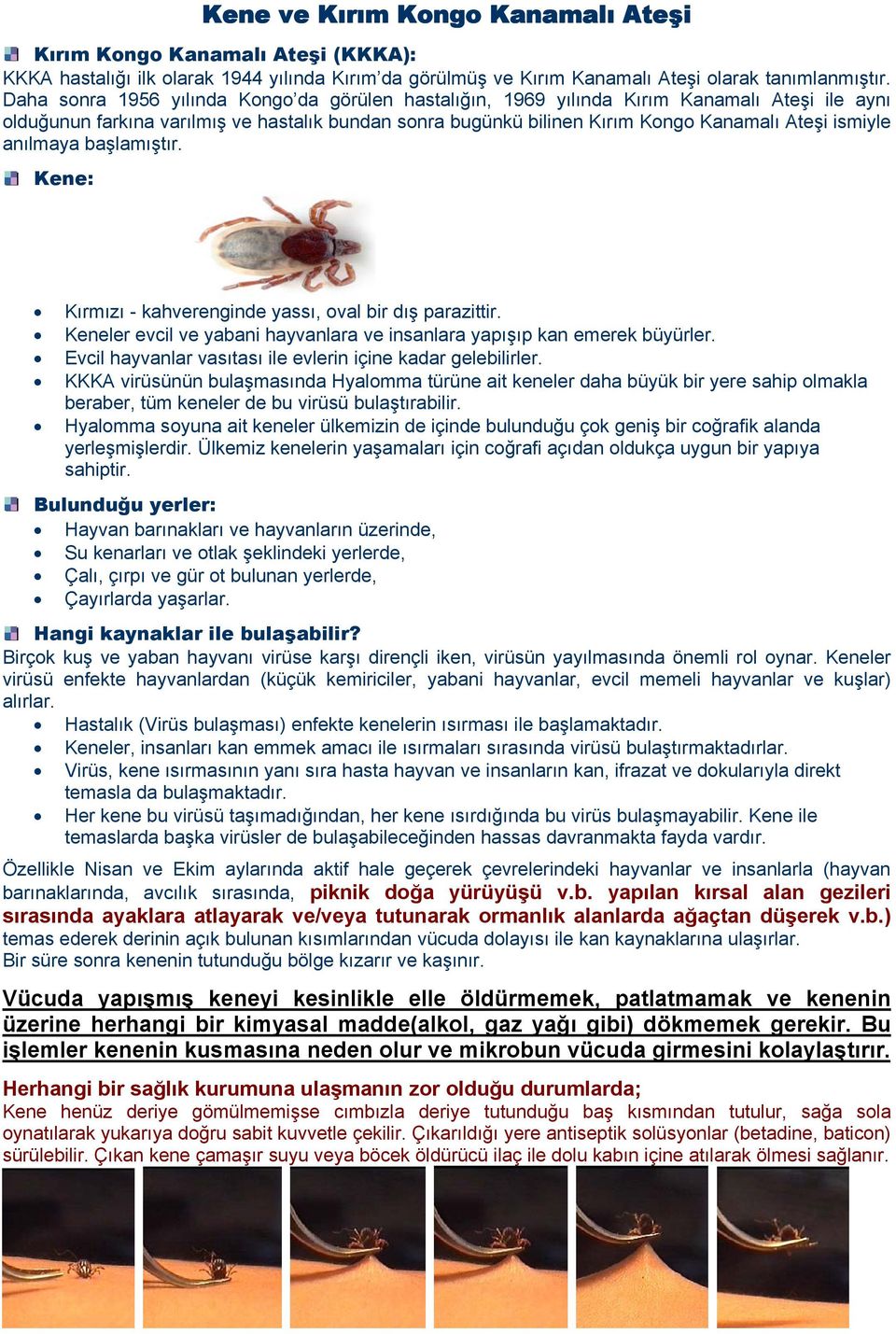 anılmaya başlamıştır. Kene: Kırmızı - kahverenginde yassı, oval bir dış parazittir. Keneler evcil ve yabani hayvanlara ve insanlara yapışıp kan emerek büyürler.