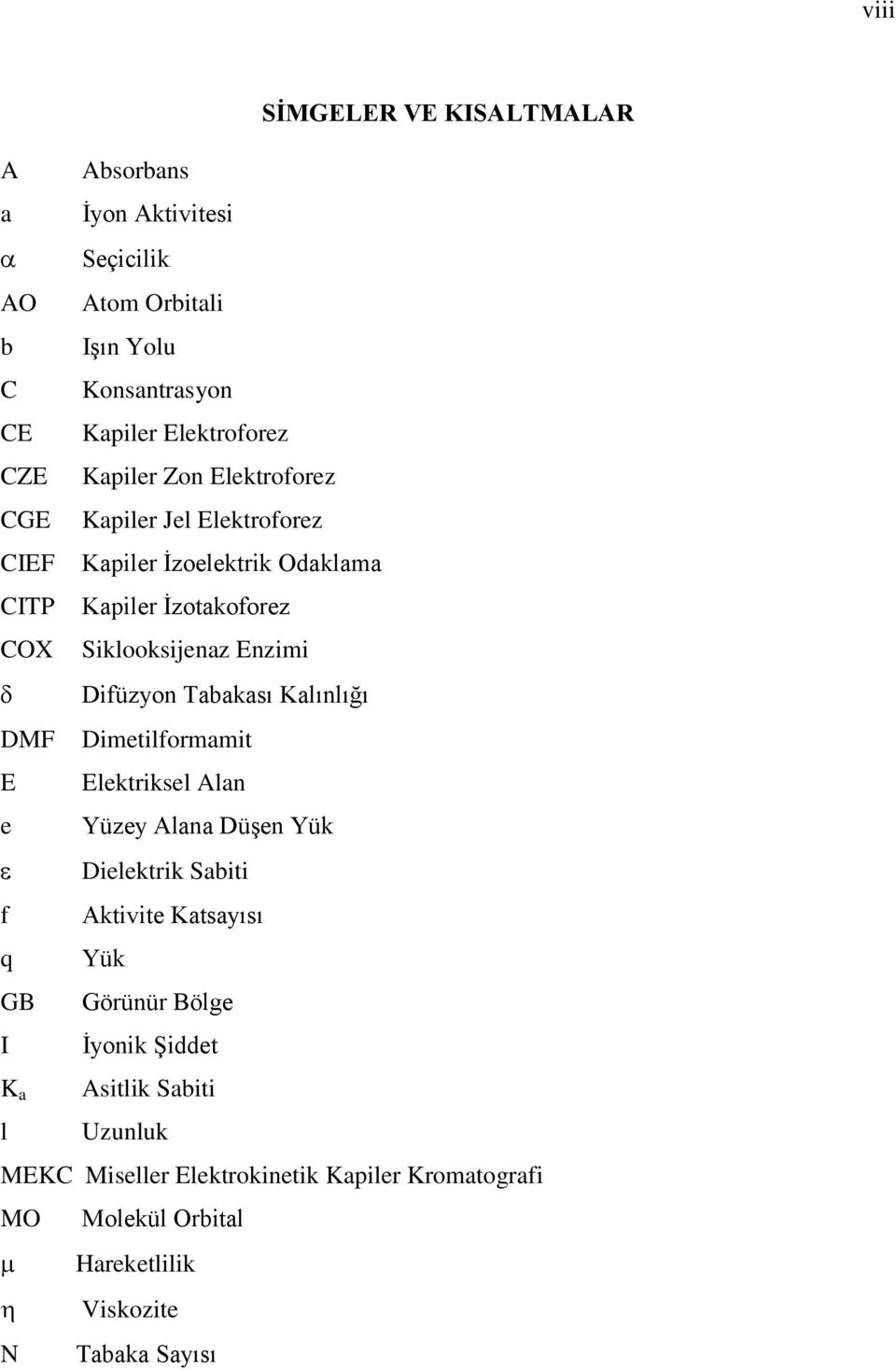 Difüzyon Tabakası Kalınlığı DMF Dimetilformamit E Elektriksel Alan e Yüzey Alana DüĢen Yük Dielektrik Sabiti f Aktivite Katsayısı q Yük GB