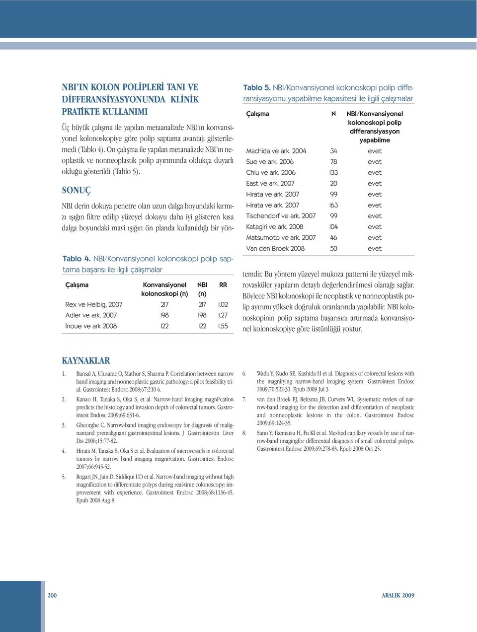 NBI/Konvansiyonel kolonoskopi polip saptama baflar s ile ilgili çal flmalar Çal flma Konvansiyonel NBI RR kolonoskopi (n) (n) Rex ve Helbig, 2007 217 217 1.02 Adler ve ark. 2007 198 198 1.