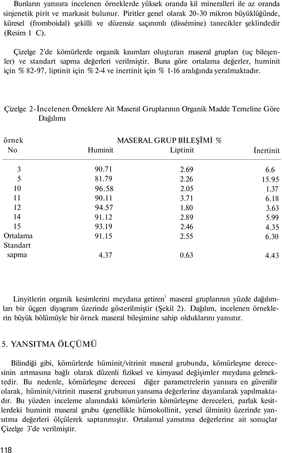 Çizelge 2'de kömürlerde organik kısımları oluşturan maseral grupları (uç bileşenler) ve standart sapma değerleri verilmiştir.