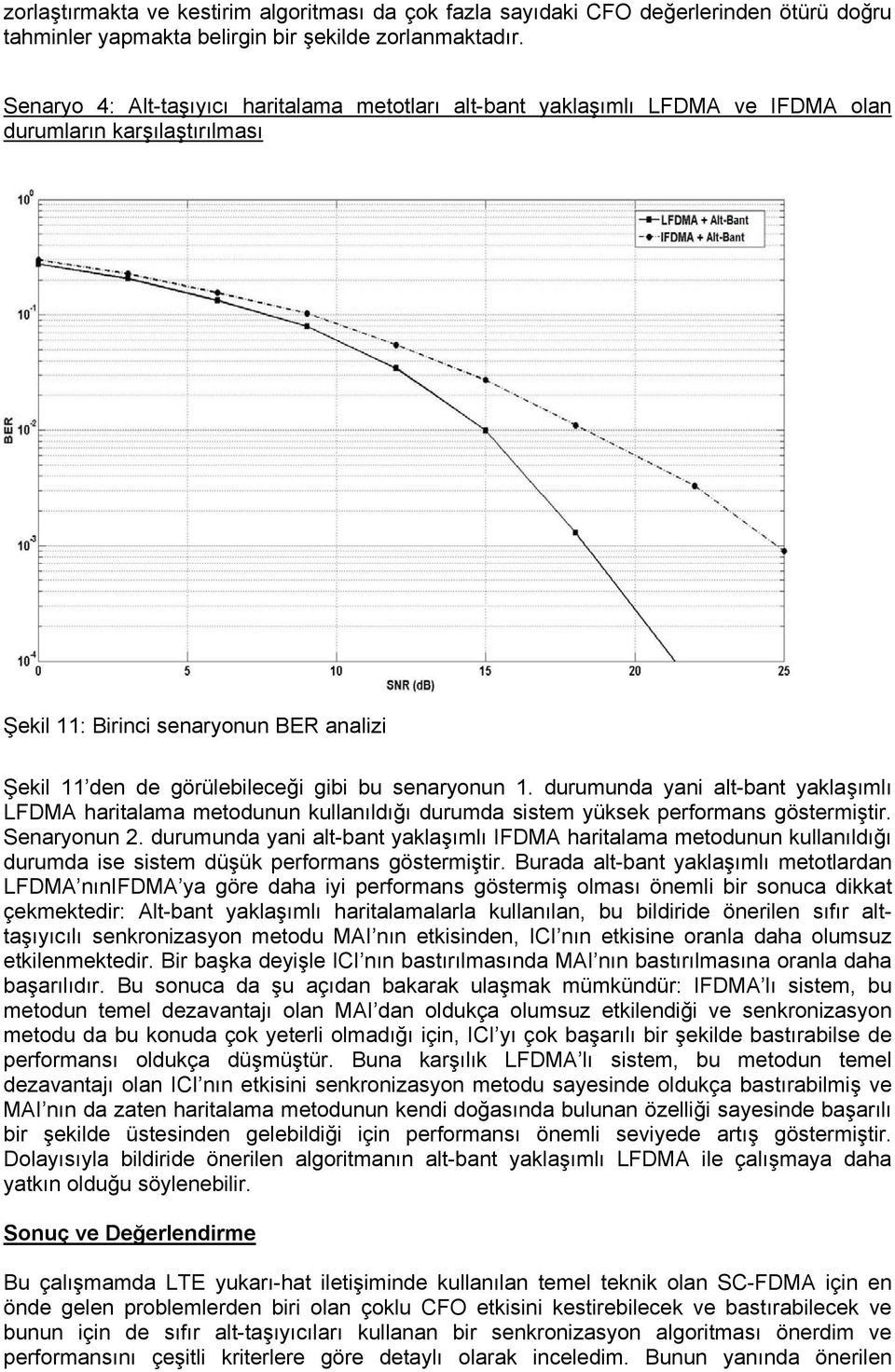 senaryonun 1. durumunda yani alt-bant yaklaşımlı LFDMA haritalama metodunun kullanıldığı durumda sistem yüksek performans göstermiştir. Senaryonun 2.