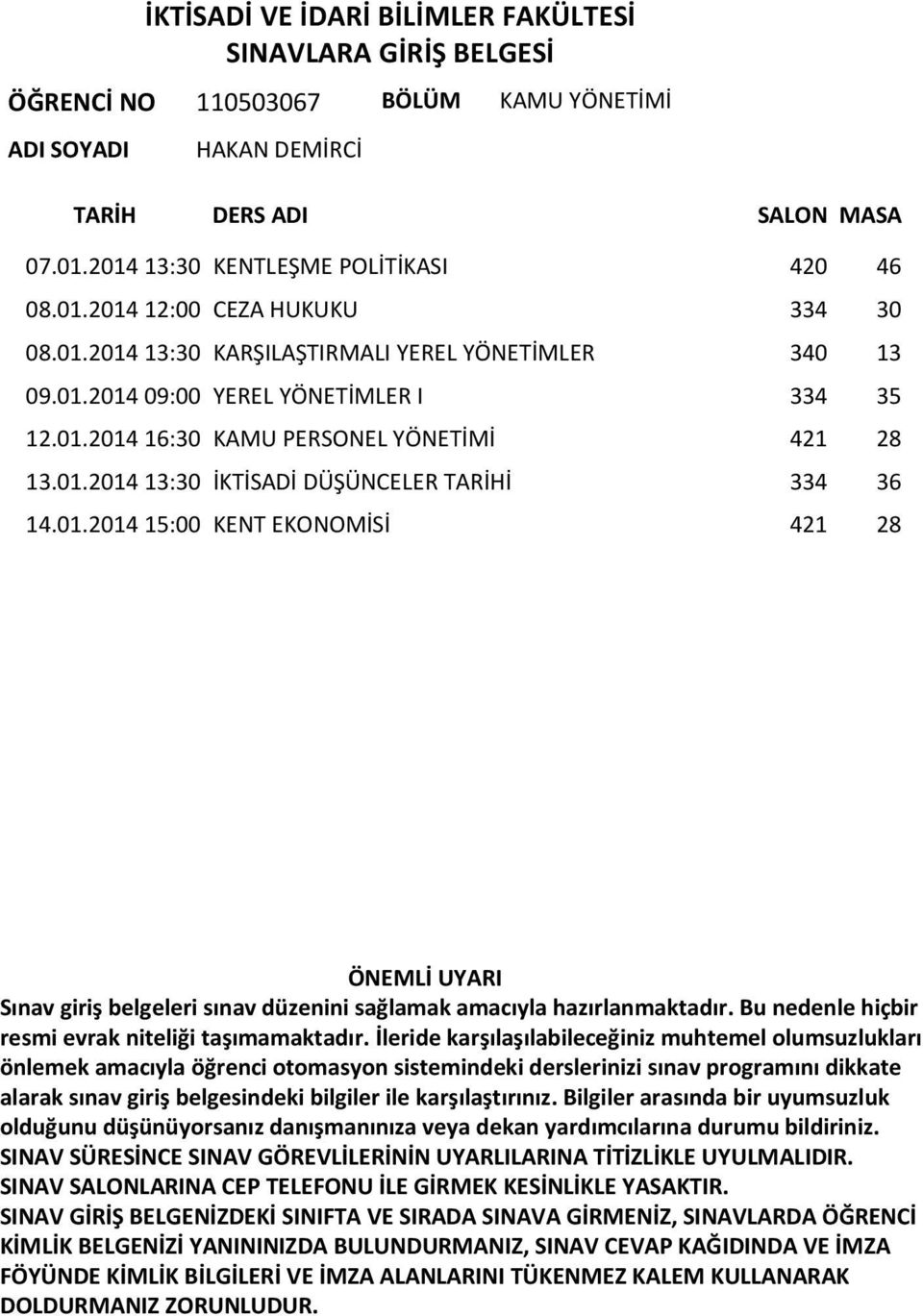 01.2014 09:00 YEREL YÖNETİMLER I 334 35 12.01.2014 16:30 KAMU PERSONEL YÖNETİMİ 421 28 13.