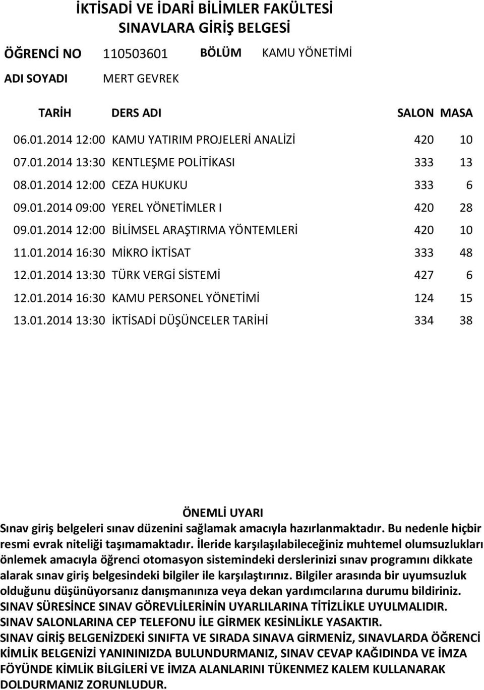 01.2014 16:30 MİKRO İKTİSAT 333 48 12.01.2014 13:30 TÜRK VERGİ SİSTEMİ 427 6 12.01.2014 16:30 KAMU PERSONEL YÖNETİMİ 124 15 13.