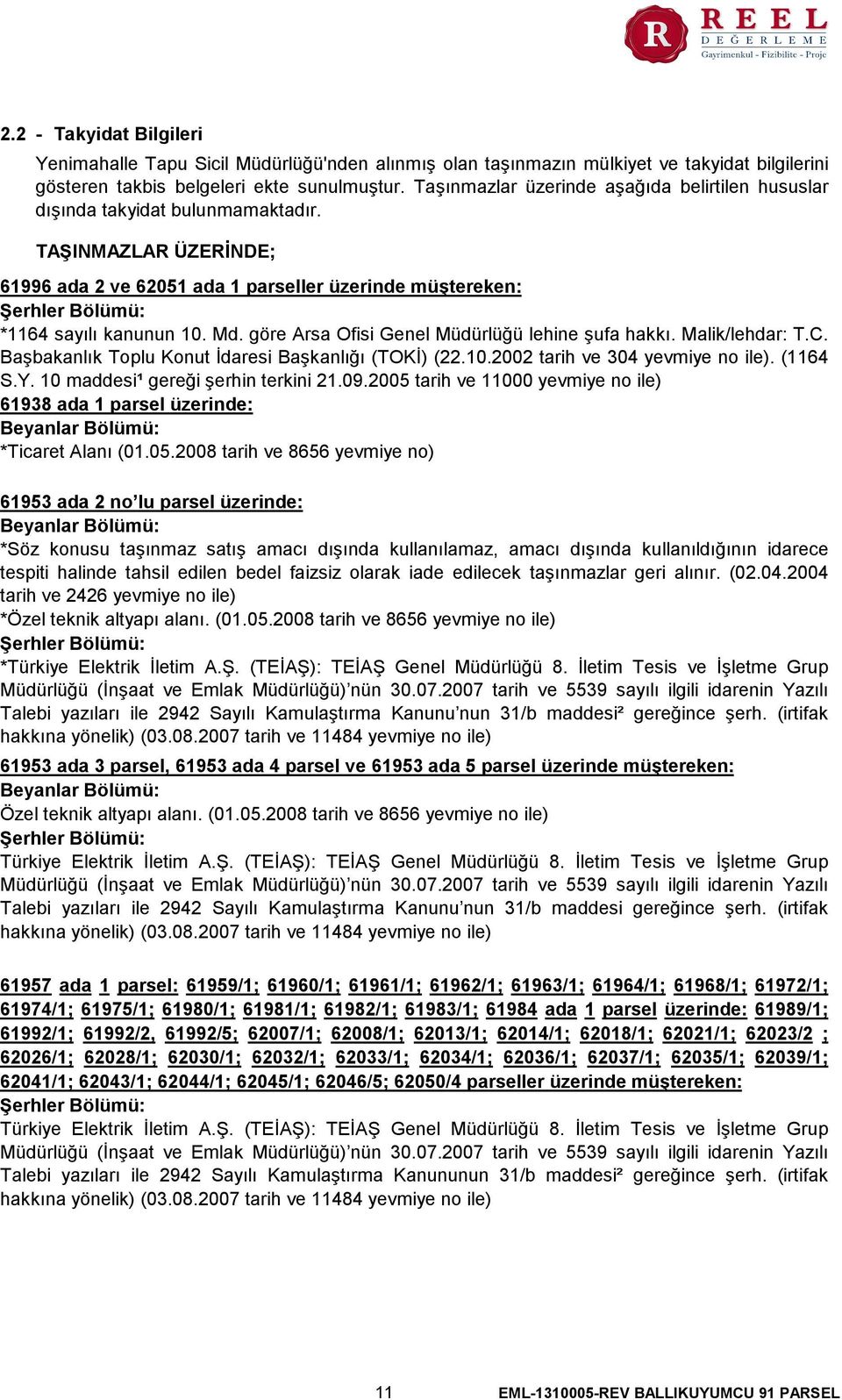 TAŞINMAZLAR ÜZERİNDE; 61996 ada 2 ve 62051 ada 1 parseller üzerinde müştereken: Şerhler Bölümü: *1164 sayılı kanunun 10. Md. göre Arsa Ofisi Genel Müdürlüğü lehine şufa hakkı. Malik/lehdar: T.C.