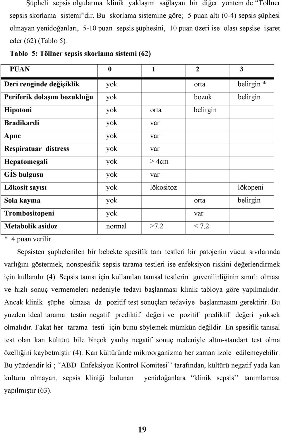 Tablo 5: Töllner sepsis skorlama sistemi (62) PUAN 0 1 2 3 Deri renginde değişiklik yok orta belirgin * Periferik dolaşım bozukluğu yok bozuk belirgin Hipotoni yok orta belirgin Bradikardi yok var