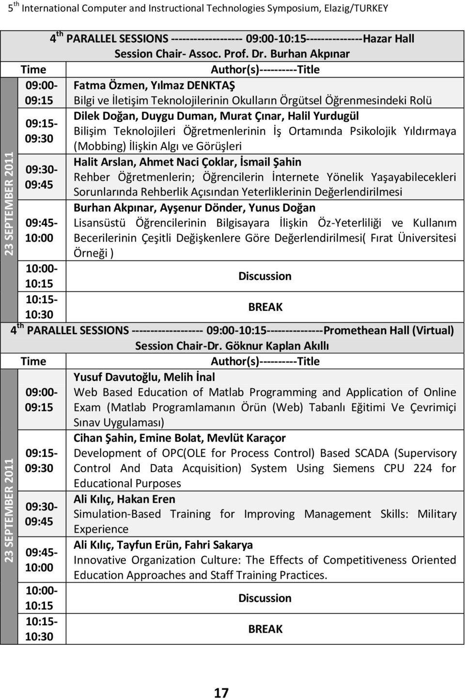 Teknolojileri Öğretmenlerinin İş Ortamında Psikolojik Yıldırmaya 09:30 (Mobbing) İlişkin Algı ve Görüşleri 09:30-09:45 09:45-10:00 Halit Arslan, Ahmet Naci Çoklar, İsmail Şahin Rehber Öğretmenlerin;