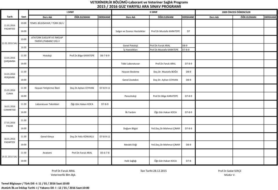 Dr.Ayhan CEYHAN D7-8-9-11 Parazitoloji Prof.Dr.Bilge KARATEPE D7-8-9 RTESİ Laboratuvar Teknikleri Öğr.Gör.Hakan KOCA D7-8-9 İlk Yardım Öğr.Gör.Hakan KOCA D7-8-9 Doğum Bilgisi Yrd.Doç.Dr.Mahmut ÇINAR D7-8-9 Genel Kimya Doç.