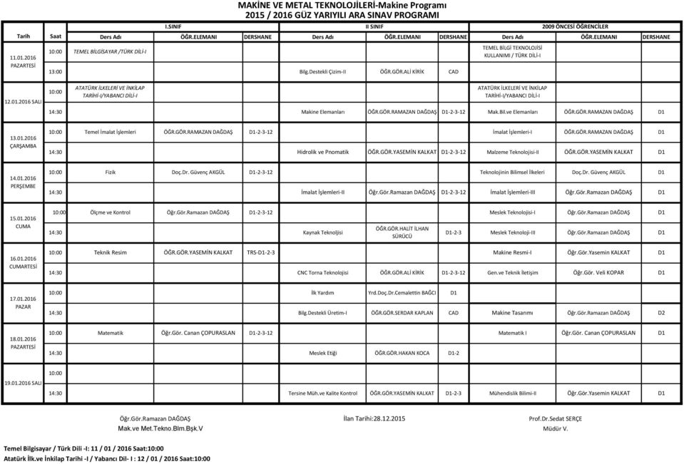 GÖR.RAMAZAN DAĞDAŞ ÖĞR.GÖR.YASEMİN KALKAT -2-3-12 Malzeme Teknolojisi-II ÖĞR.GÖR.YASEMİN KALKAT Fizik Doç.Dr. Güvenç AKGÜL -2-3-12 Teknolojinin Bilimsel İlkeleri Doç.Dr. Güvenç AKGÜL İmalat İşlemleri-II Öğr.