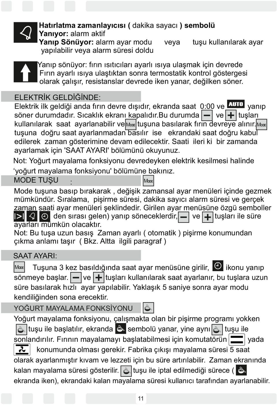 ELEKTRİK GELDİĞİNDE: Elektrik ilk geldiği anda fırın devre dışıdır, ekranda saat 0:00 ve yanıp söner durumdadır. Sıcaklık ekranı kapalıdır.