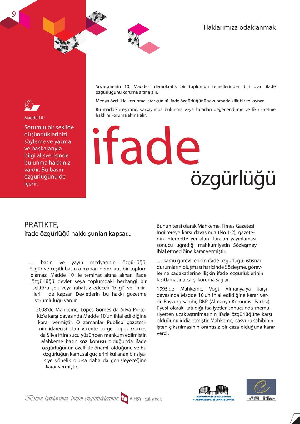 Bu madde eleştirme, varsayımda bulunma veya kararları değerlendirme ve fikir üretme hakkını koruma altına alır. ifadeözgürlüğü PRATİKTE, ifade özgürlüğü hakkı şunları kapsar.