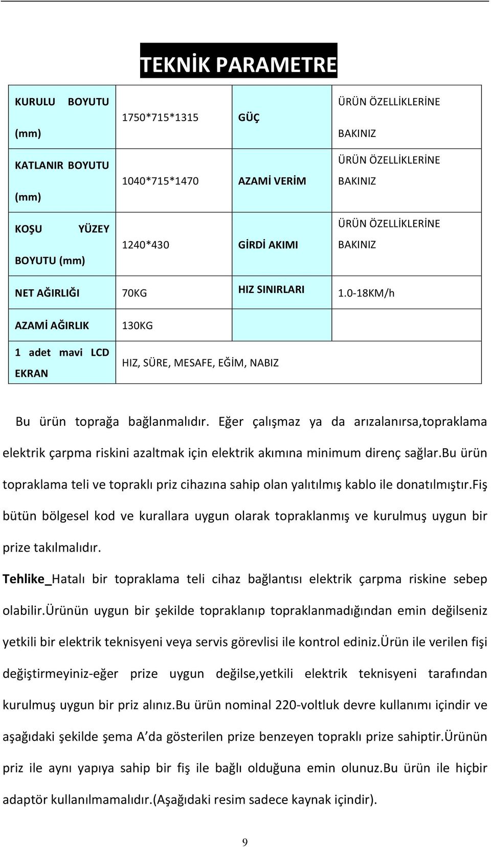 Eğer çalışmaz ya da arızalanırsa,topraklama elektrik çarpma riskini azaltmak için elektrik akımına minimum direnç sağlar.