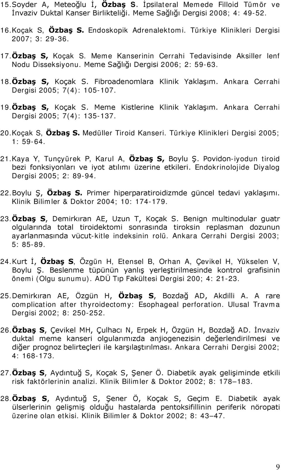 Ankara Cerrahi Dergisi 2005; 7(4): 105-107. 19.Özbaş S, Koçak S. Meme Kistlerine Klinik Yaklaşım. Ankara Cerrahi Dergisi 2005; 7(4): 135-137. 20.Koçak S, Özbaş S. Medüller Tiroid Kanseri.
