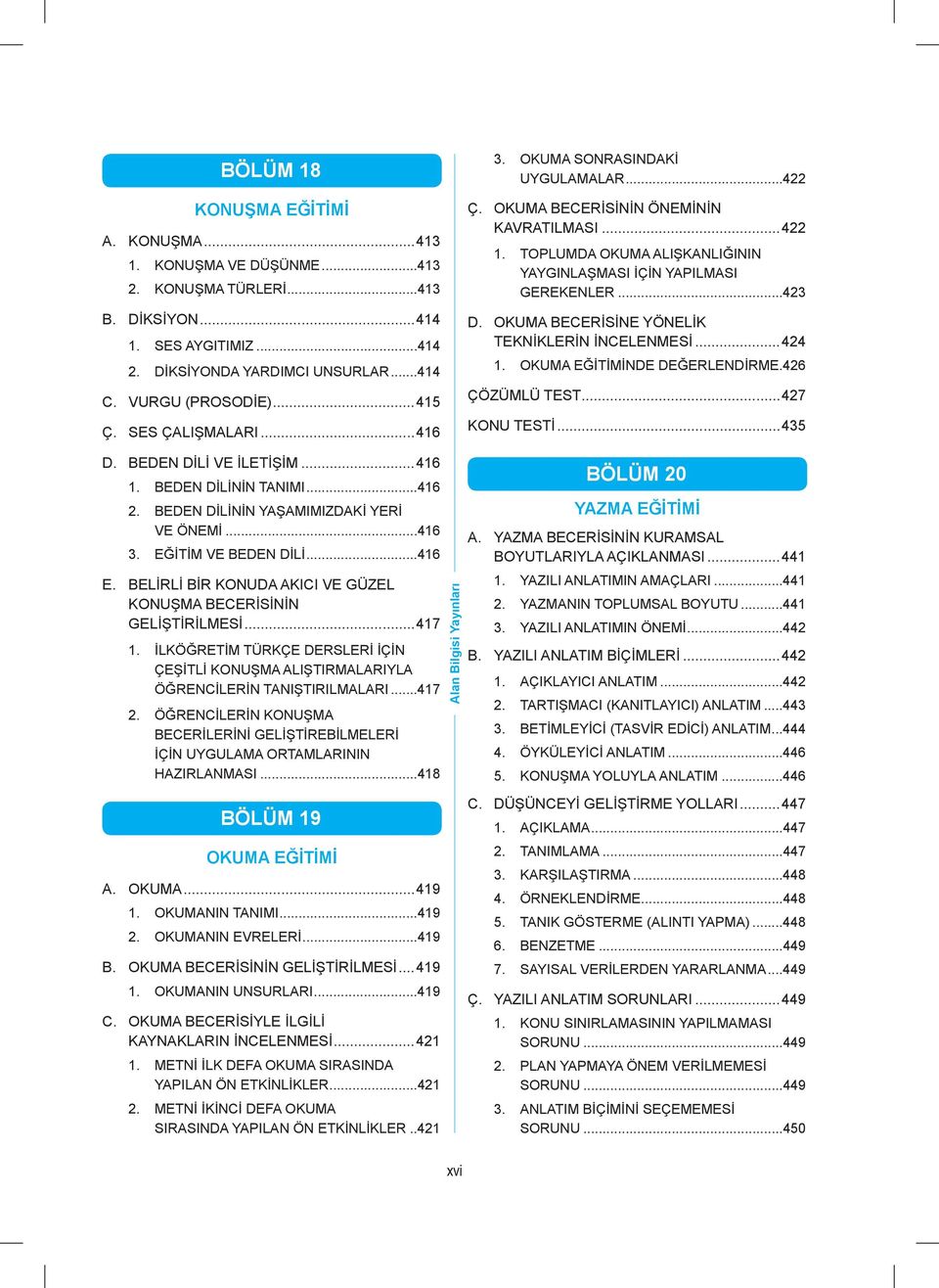 OKUMA BECERİSİNE YÖNELİK TEKNİKLERİN İNCELENMESİ...424 1. OKUMA EĞİTİMİNDE DEĞERLENDİRME.426 ÇÖZÜMLÜ TEST...427 KONU TESTİ...435 D. BEDEN DİLİ VE İLETİŞİM...416 1. BEDEN DİLİNİN TANIMI...416 2.