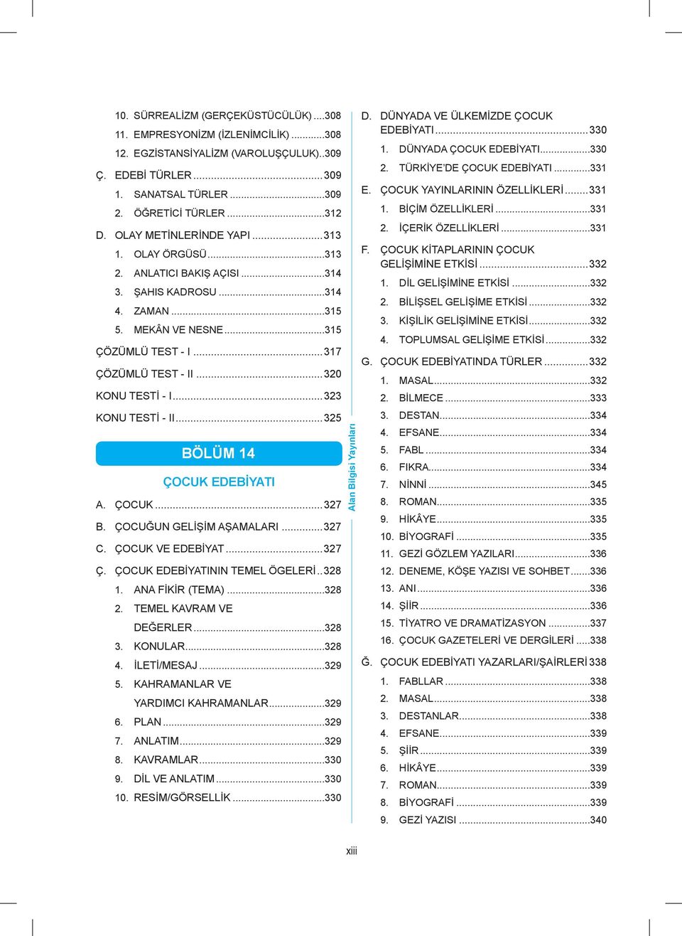 ..320 KONU TESTİ - I...323 KONU TESTİ - II...325 BÖLÜM 14 ÇOCUK EDEBİYATI A. ÇOCUK...327 B. ÇOCUĞUN GELİŞİM AŞAMALARI...327 C. ÇOCUK VE EDEBİYAT...327 Ç. ÇOCUK EDEBİYATININ TEMEL ÖGELERİ..328 1.