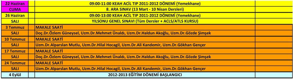 ACLS/ATLS KURSU) 3 Temmuz MAKALE SAATİ SALI Doç.Dr., Uzm.Dr., Uzm.Dr., Uzm.Dr. 10 Temmuz MAKALE SAATİ SALI Uzm.Dr., Uzm.Dr., Uzm.Dr.Ali Kandemir, Uzm.