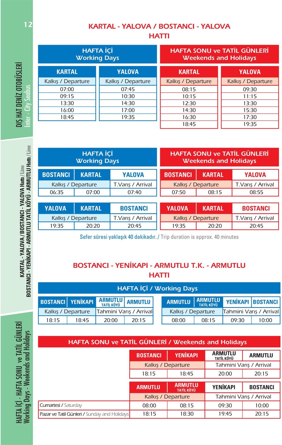 Weekends and Holidays YEN KAPI HAFTA Ç Working Days KARTAL 06:35 YALOVA KARTAL 19:35 20:20 ARMUTLU TAT L KÖYÜ 18:15 18:45 20:00 20:15 HAFTA Ç / Working Days ARMUTLU ARMUTLU ARMUTLU TAT L KÖYÜ YEN