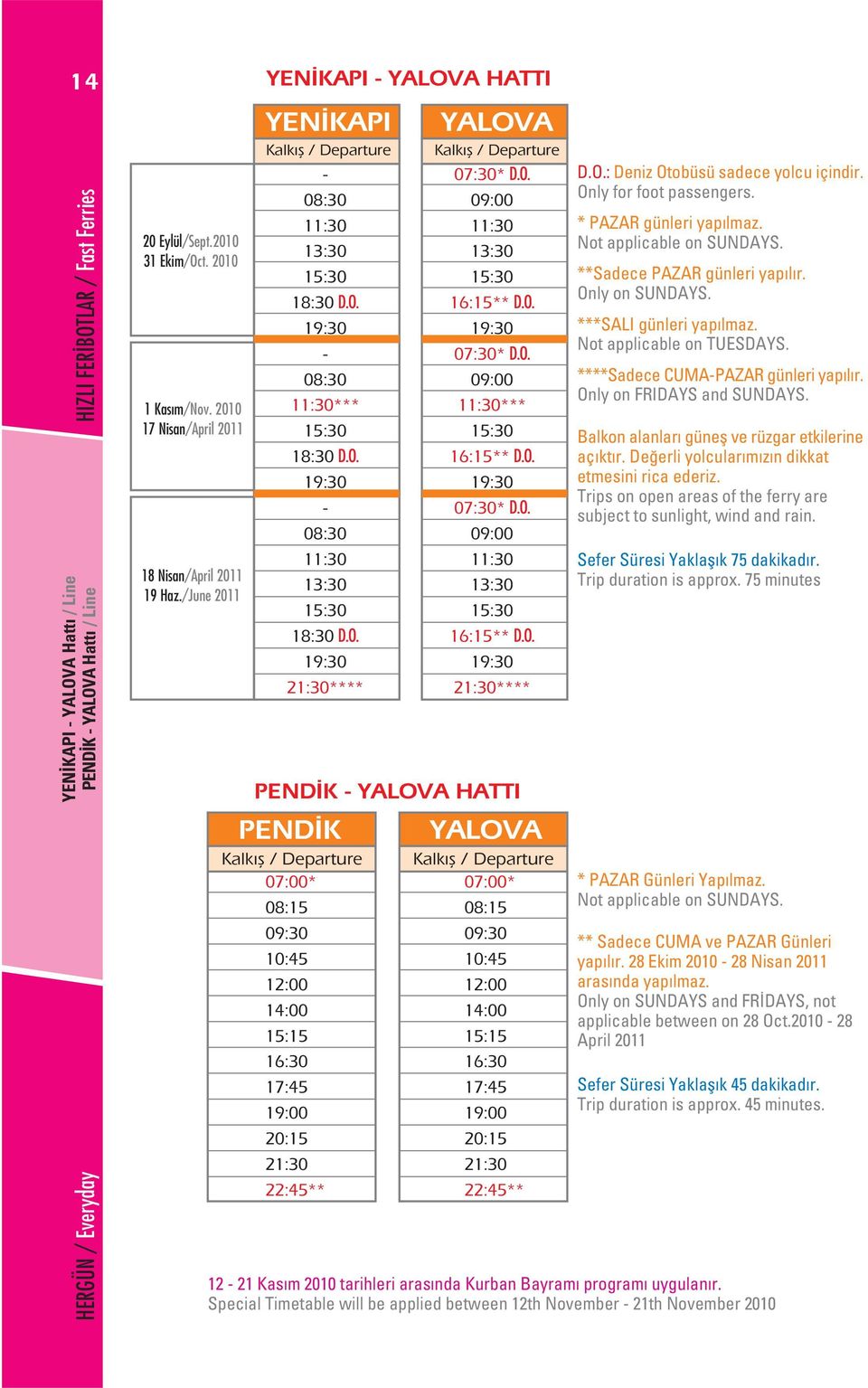 O. * D.O. 11:30 16:15** D.O. 21:30**** PEND K YALOVA HATTI PEND K * 08:15 10:45 12:00 14:00 15:15 16:30 17:45 20:15 21:30 22:45** YALOVA * 08:15 10:45 12:00 14:00 15:15 16:30 17:45 20:15 21:30 22:45** D.