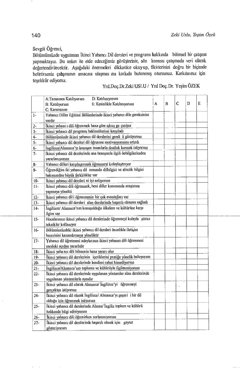 Aşağıdaki önermeleri dikkatlice okuyup, fikirlerinizi doğru bir biçimde belirtirseniz çahşmanın amacına uiaşmas ına katkıda bulunmuş olursunuz. Katkılarınız için teşekkür ediyoruz. Yrd.Doç.Dr.