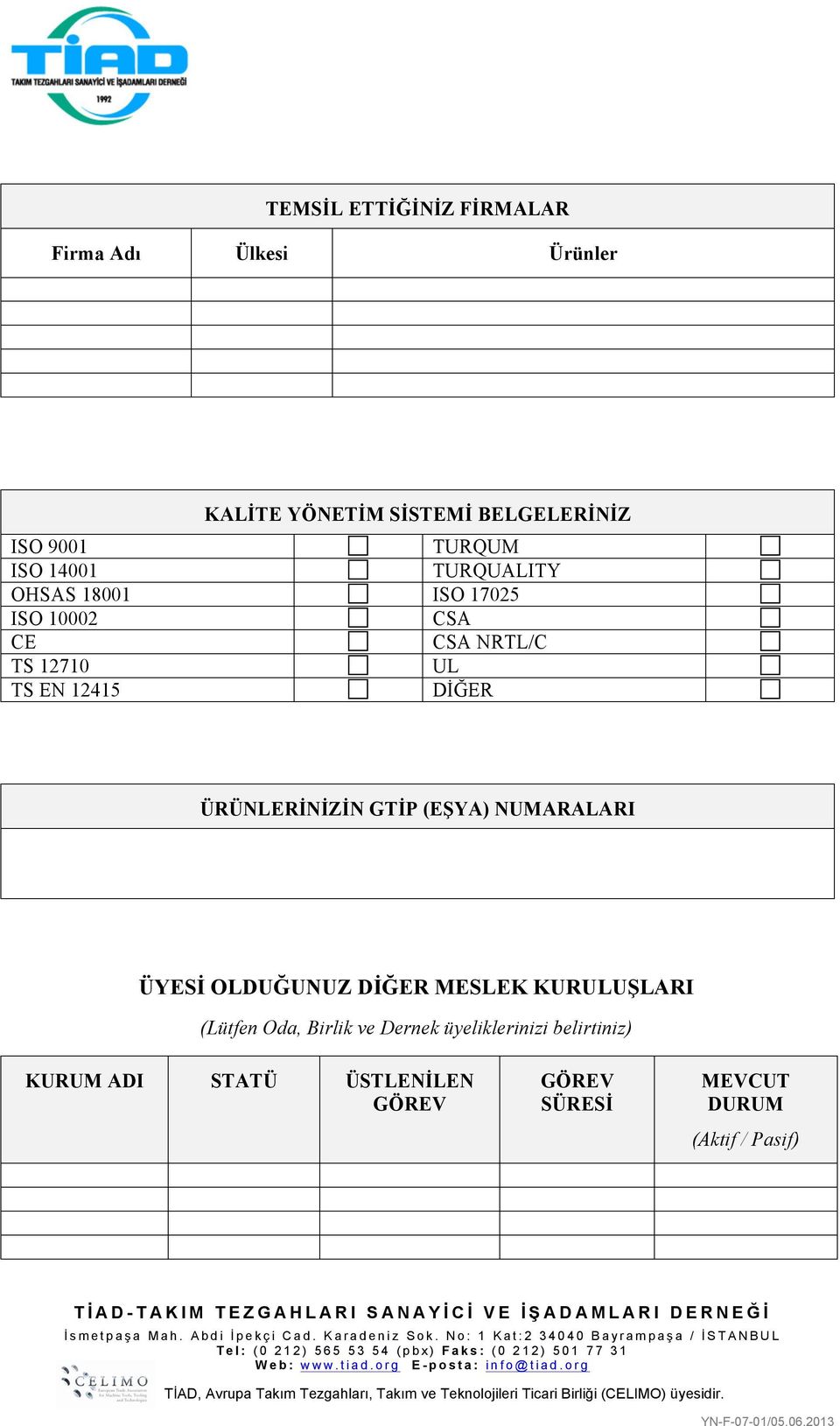 ÜRÜNLERİNİZİN GTİP (EŞYA) NUMARALARI ÜYESİ OLDUĞUNUZ DİĞER MESLEK KURULUŞLARI (Lütfen Oda, Birlik ve