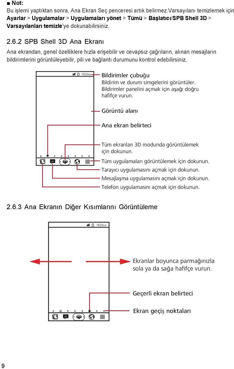 2 SPB Shell 3D Ana Ekranı Ana ekrandan, genel özelliklere hızla erişebilir ve cevapsız çağrıların, alınan mesajların bildirimlerini görüntüleyebilir, pili ve bağlantı durumunu kontrol edebilirsiniz.