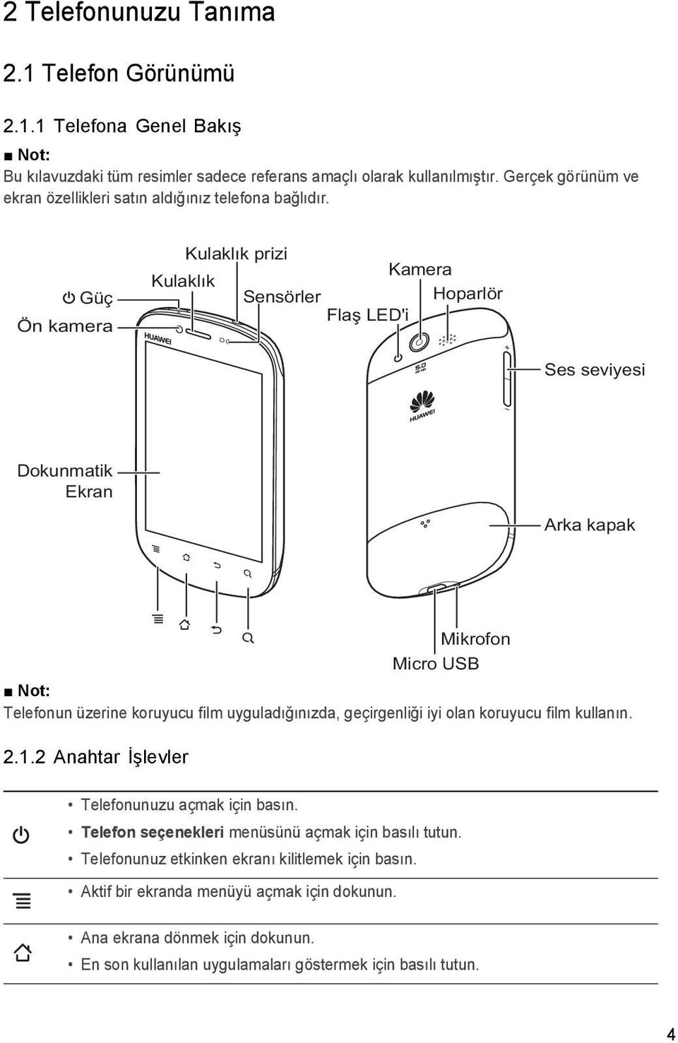 Güç Ön kamera Kulaklık prizi Kamera Kulaklık Sensörler Hoparlör Flaş LED'i Ses seviyesi Dokunmatik Ekran Arka kapak Mikrofon Micro USB Not: Telefonun üzerine koruyucu film