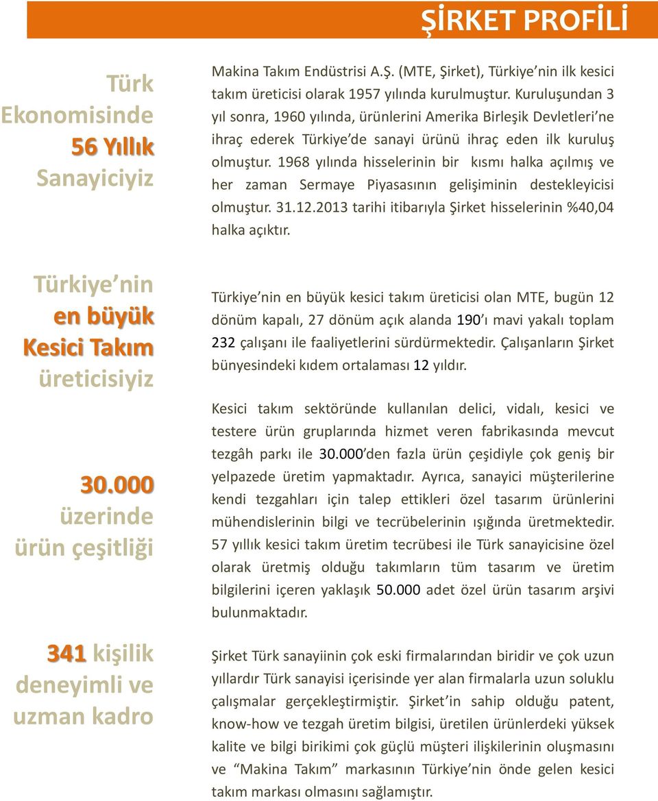 1968 yılında hisselerinin bir kısmı halka açılmış ve her zaman Sermaye Piyasasının gelişiminin destekleyicisi olmuştur. 31.12.2013 tarihi itibarıyla Şirket hisselerinin %40,04 halka açıktır.