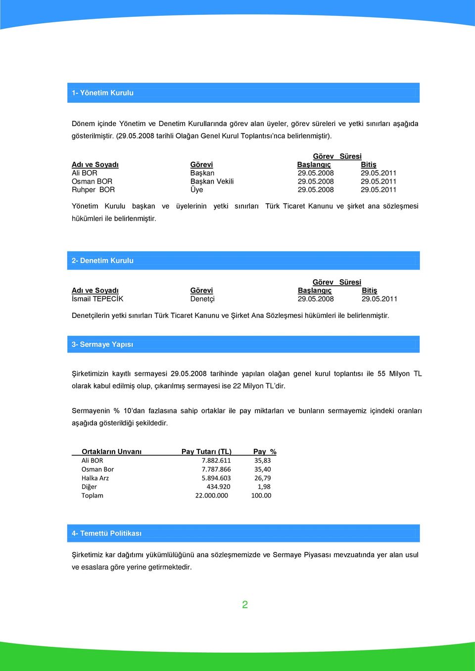 05.2008 29.05.2011 Yönetim Kurulu başkan ve üyelerinin yetki sınırları Türk Ticaret Kanunu ve şirket ana sözleşmesi hükümleri ile belirlenmiştir.