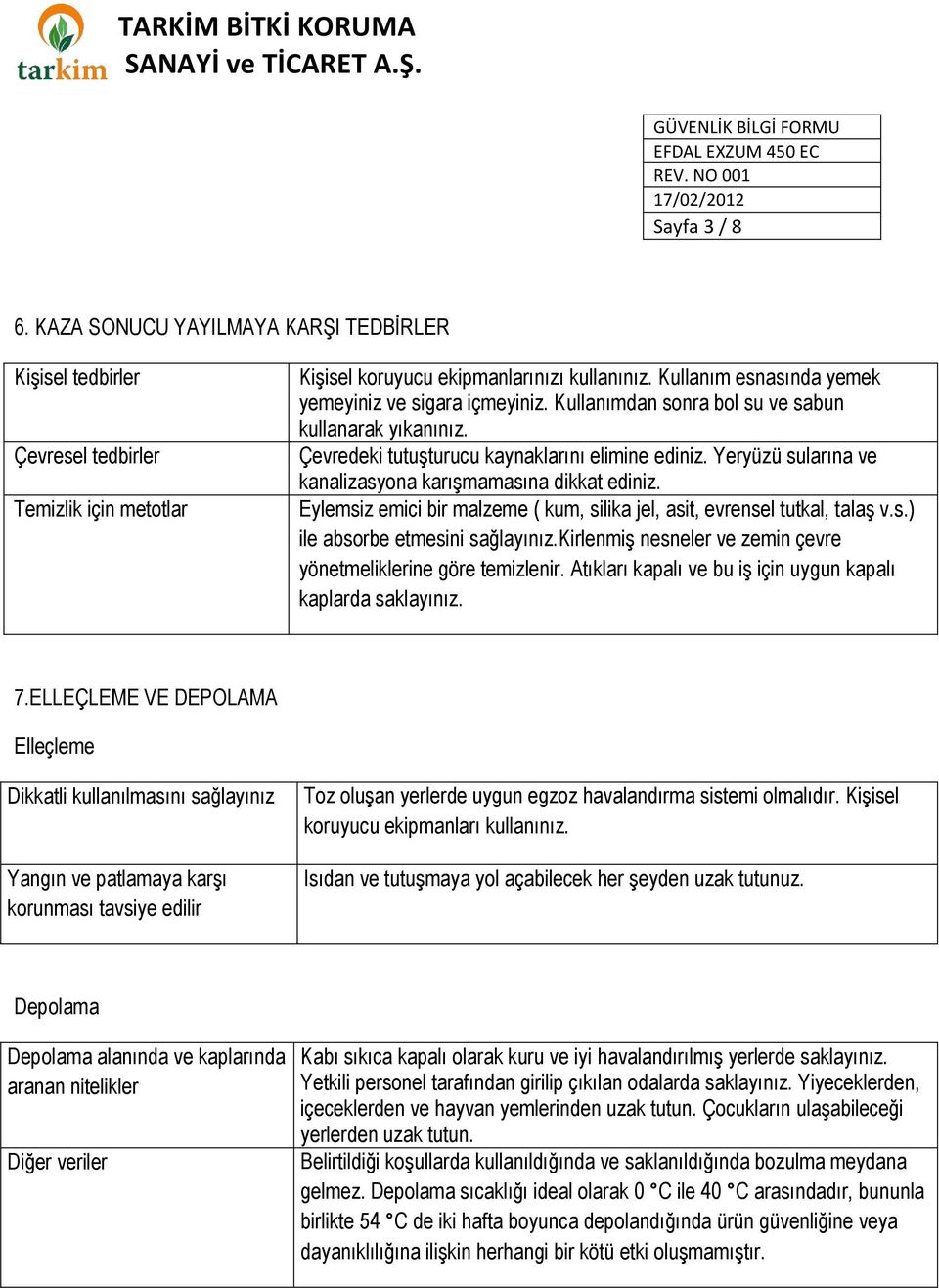 Yeryüzü sularına ve kanalizasyona karışmamasına dikkat ediniz. Eylemsiz emici bir malzeme ( kum, silika jel, asit, evrensel tutkal, talaş v.s.) ile absorbe etmesini sağlayınız.