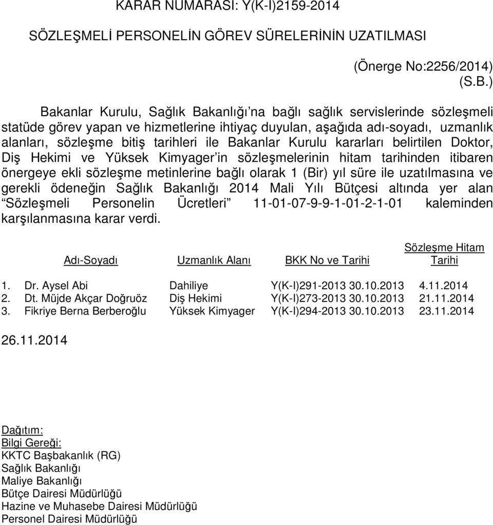 Bakanlar Kurulu kararları belirtilen Doktor, Diş Hekimi ve Yüksek Kimyager in sözleşmelerinin hitam tarihinden itibaren önergeye ekli sözleşme metinlerine bağlı olarak 1 (Bir) yıl süre ile