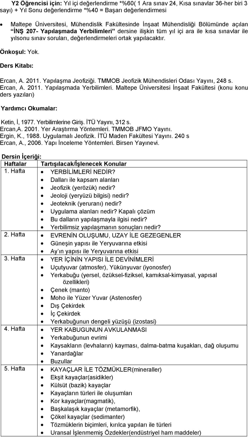 Ders Kitabı: Ercan, A. 2011. Yapılaşma Jeofiziği. TMMOB Jeofizik Mühendisleri Odası Yayını, 248 s. Ercan, A. 2011. Yapılaşmada Yerbilimleri.