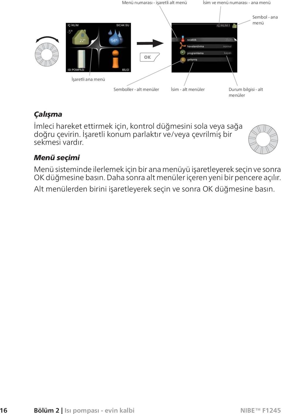 İşaretli konum parlaktır ve/veya çevrilmiş bir sekmesi vardır.