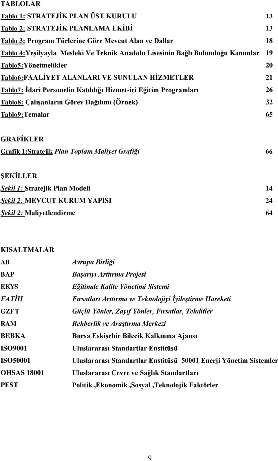 Dağılımı (Örnek) 32 Tablo9:Temalar 65 GRAFİKLER Grafik 1:Stratejik Plan Toplam Maliyet Grafiği 66 ŞEKİLLER Şekil 1: Stratejik Plan Modeli 14 Şekil 2: MEVCUT KURUM YAPISI 24 Şekil 2: Maliyetlendirme